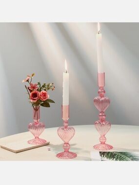 Pink Glass Heart Candlestick Holder - Decorative Home Accent (2 x 11in sticks)